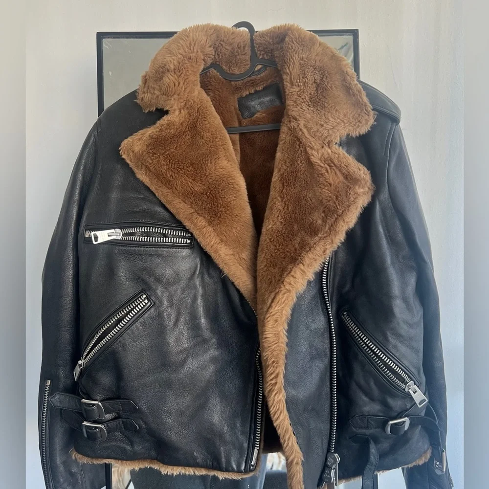 All Saints Black Leather Jacket with Brown Shearling - Picture 1 of 5